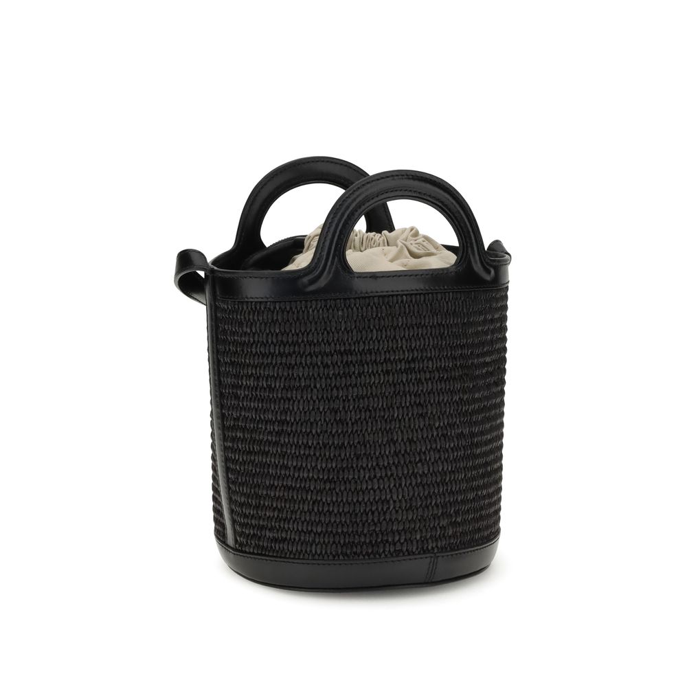 Marni Black Cotton Backet Bag with raffia design, leather trim, dual handles, and drawstring closure for sophisticated style.