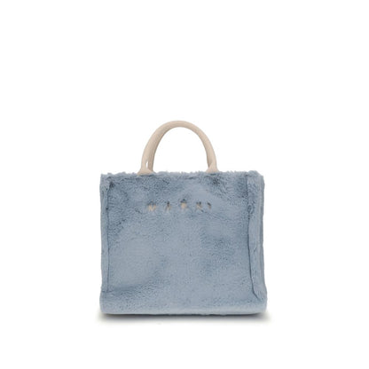 Marni Light Blue Polyester Handbag with fur lining and logo, featuring adjustable shoulder strap and fabric handles.
