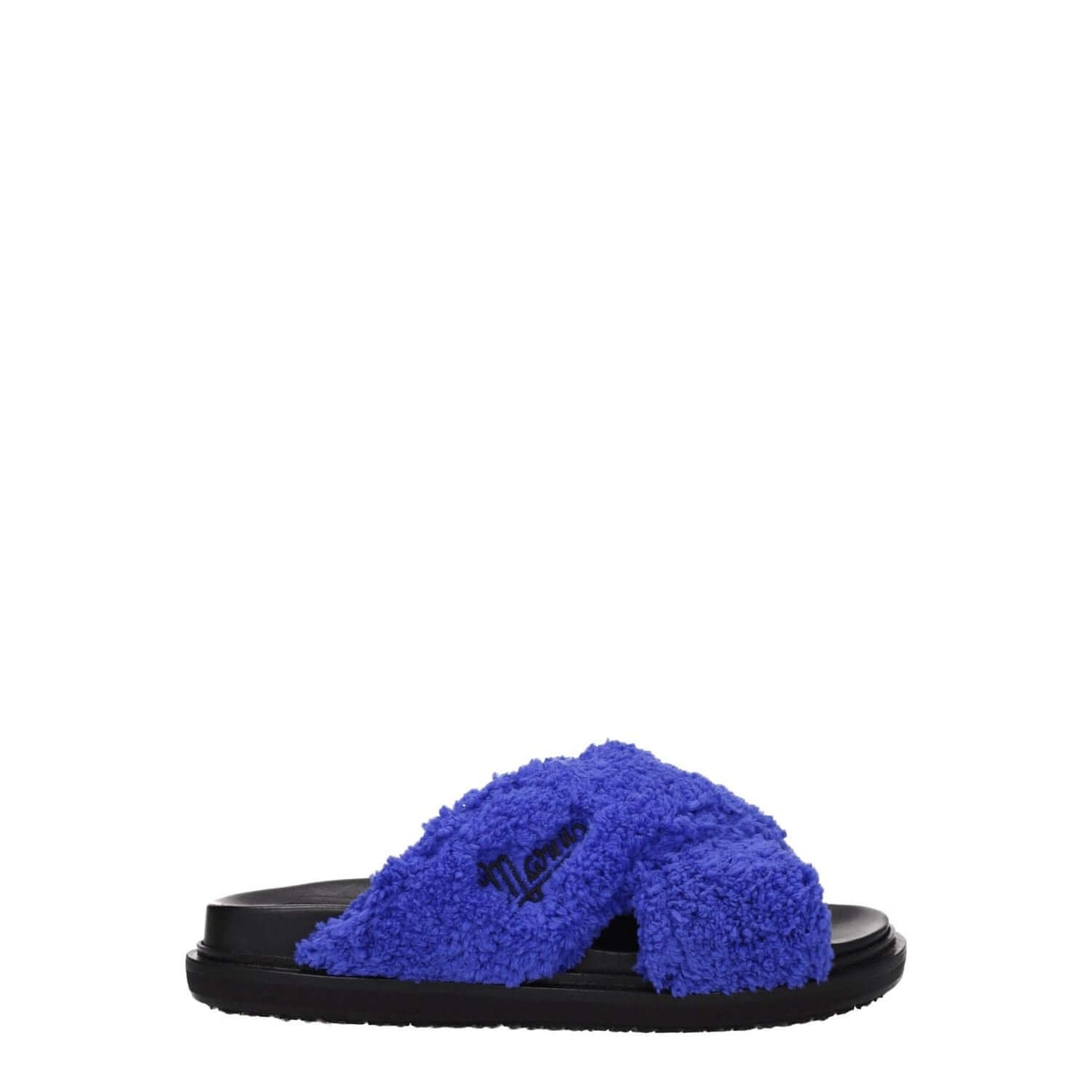 Marni Purple Fabric Slippers with side logo, open toe design, and low flat heel in violet fabric, perfect for casual style.