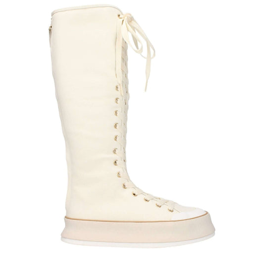 Max Mara Beige Fabric Lace-Up Boots with vintage effect, round toe, and wedge heel, style casual, rubber sole.