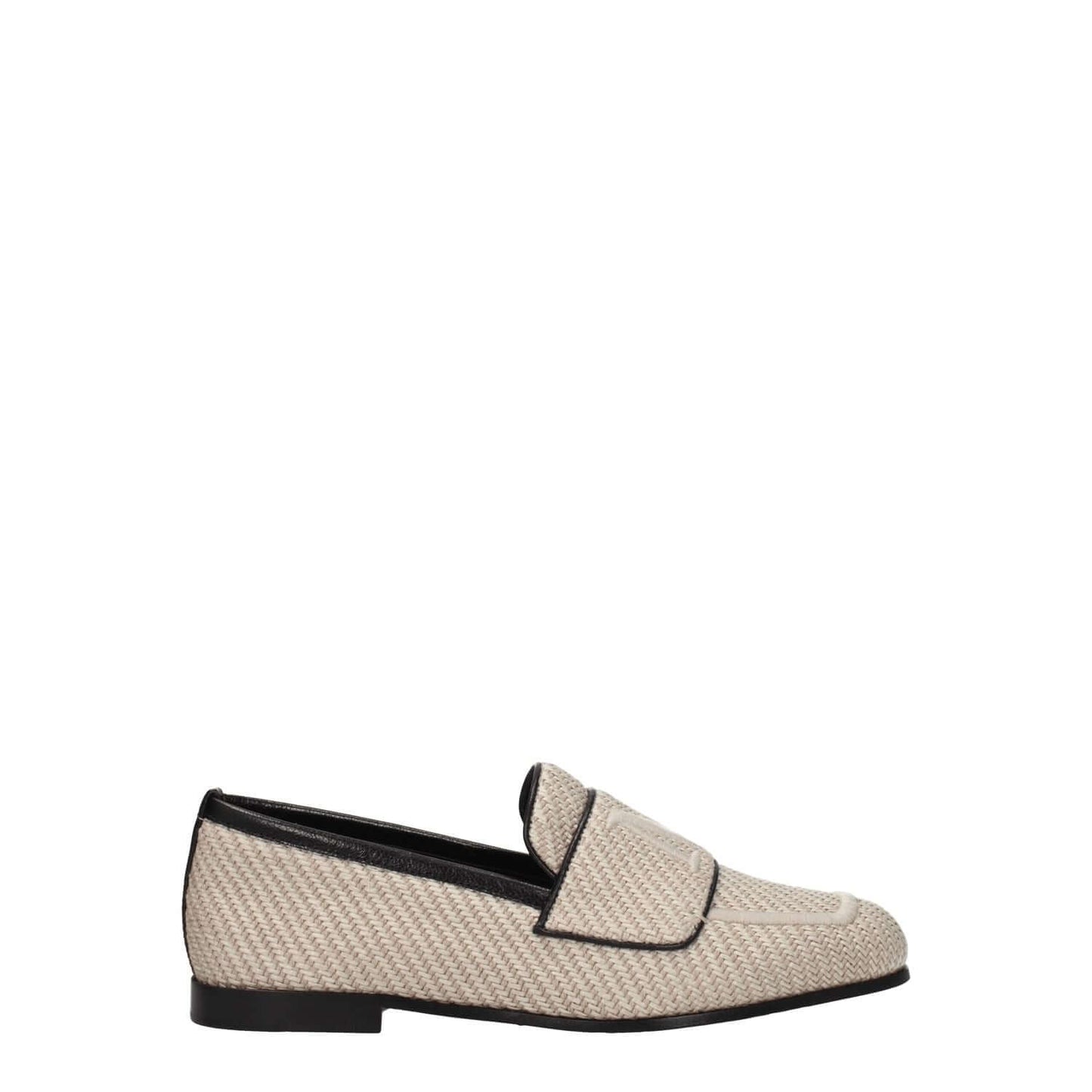 Max Mara Beige Fabric Slip-On Loafers with leather sole and round toe, featuring a front logo detail, casual style.