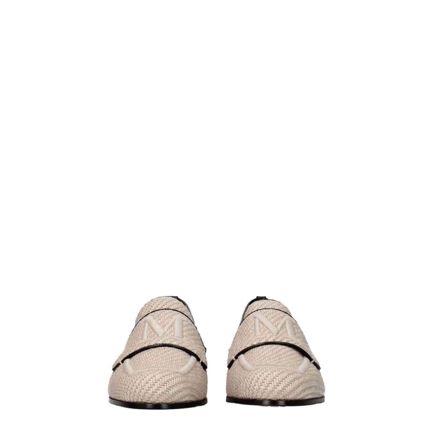 Max Mara Beige Fabric Slip-On Loafers with front logo, round toe, and low flat heel, viewed from front. MPN: 23452109316007.