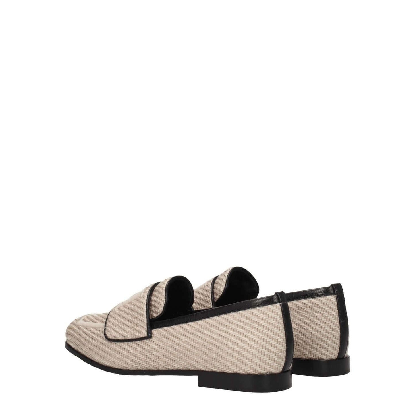 Max Mara Beige Fabric Slip-On Loafers with leather sole, round toe, and front logo detailing, shown in a casual style with low flat heel.