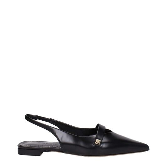 Max Mara Black Leather Ballet Flats with pointy toe and slingback design, featuring side logo. Low flat heel ideal for elegant style.