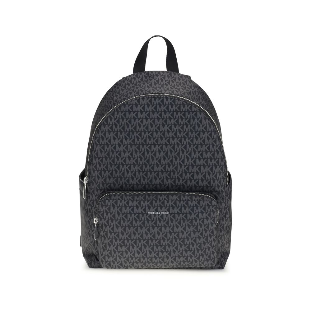 Michael Kors Black Polyester Backpack with logo print, large size, zippered front clutch, two exterior pouches, ideal for style and utility.