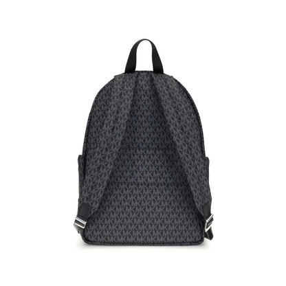 Michael Kors Black Polyester Backpack with logo print, minimalist design, and multiple pockets, ideal for stylish organization.
