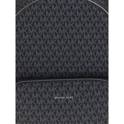 Close-up of a Michael Kors Black Polyester Backpack with logo print and zippered front, crafted for style and practicality in AW25 collection.