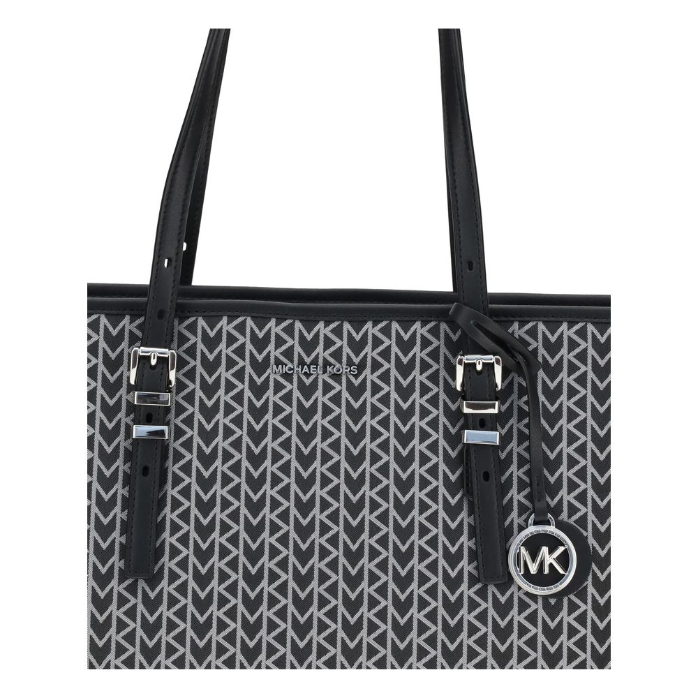 Michael Kors Black Polyester Shoulder Bag with adjustable leather straps and jacquard logo design for versatile style and functionality.