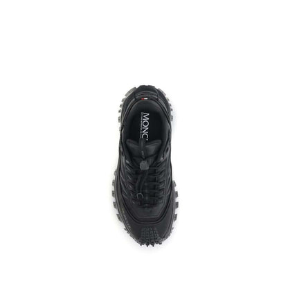 Top view of Moncler Black Calf Leather Bos Taurus Athletic Sneakers with embossed logo and drawstring closure for personalized fit.