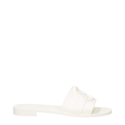 Moncler White Cotton Slippers with rubber sole and front logo design, featuring open toe and low flat heel.