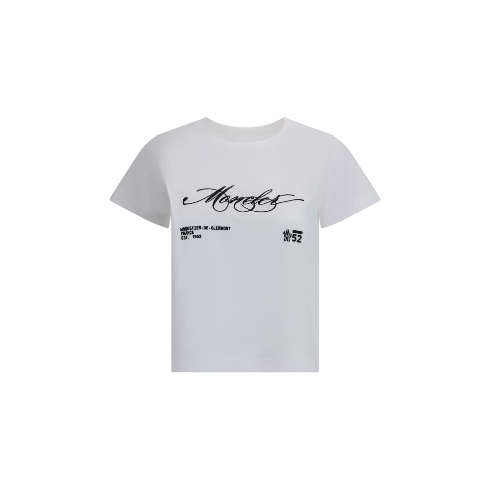 Moncler White Cotton T-Shirt with embroidered logo, ribbed crew neck and crop cut, perfect for casual contemporary looks.