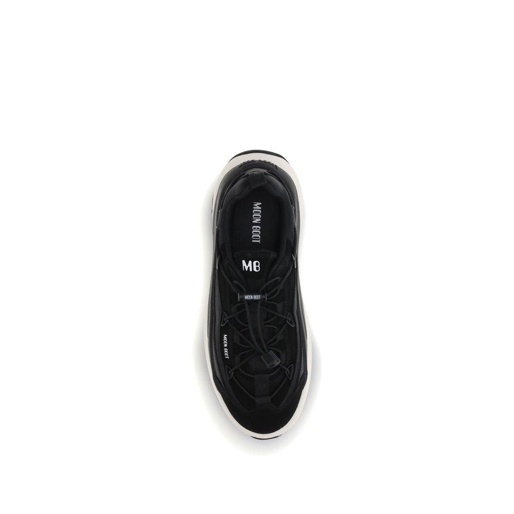 Top view of Moon Boot Black Polyester Athletic Sneakers with crisscross laces and logo on outsole.