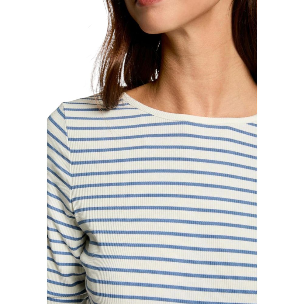 Morgan De Toi White Viscose Long Sleeve T-Shirt with blue horizontal stripes and deep back neckline for women.