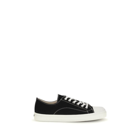 Moschino Black Cotton Low Top Sneakers with lace-up closure and logo heel accent, featuring durable round toe and comfortable flat sole.