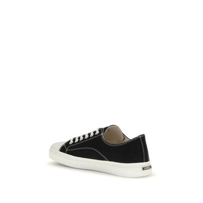 Moschino Black Cotton Low Top Sneakers with lace-up closure and logo on heel, featuring a reinforced toe and flat sole for comfort.