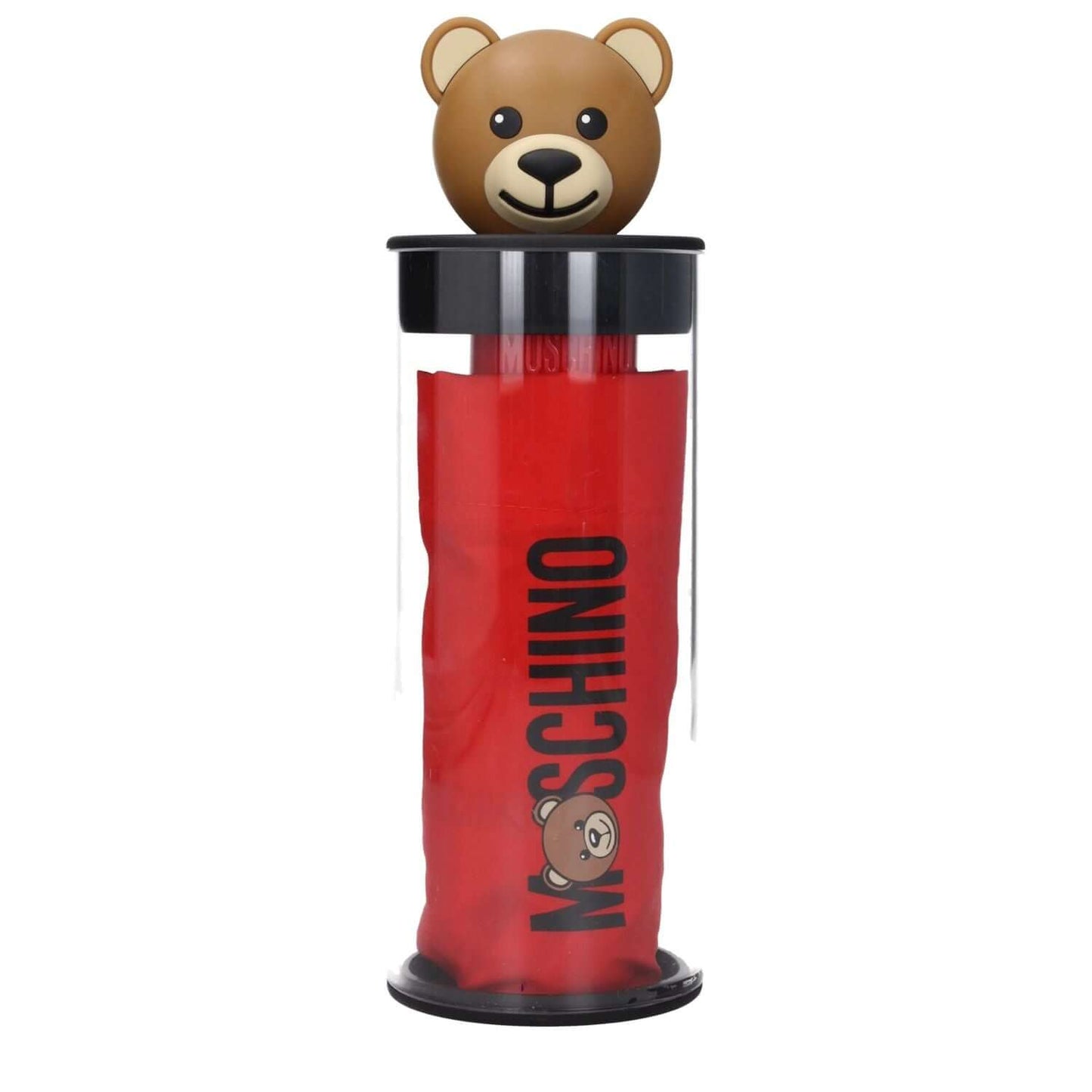Moschino Red Polyester Umbrella in tube packaging with bear handle, featuring Moschino logo and bright red polyester material, casual style.