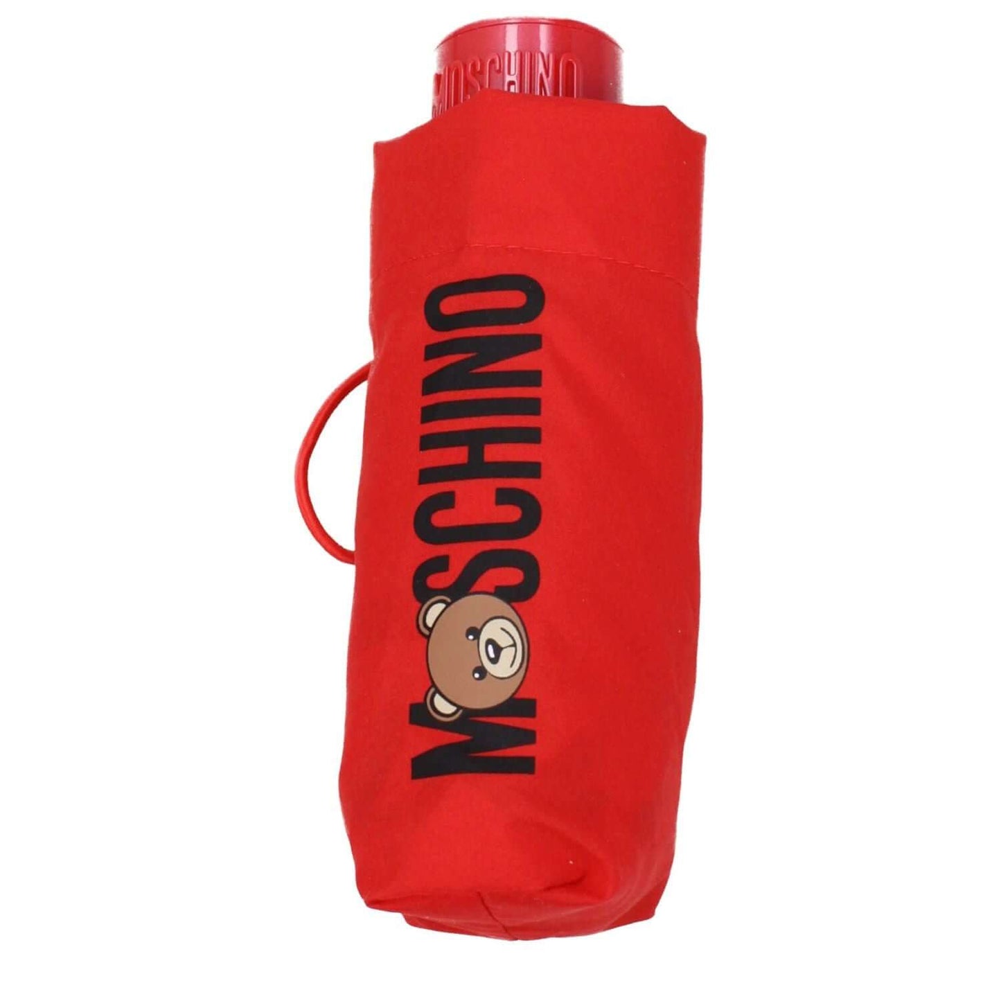 Moschino Red Polyester Umbrella with logo in bright red, featuring clip closure, casual style. Ideal for trendy, weather-ready looks.