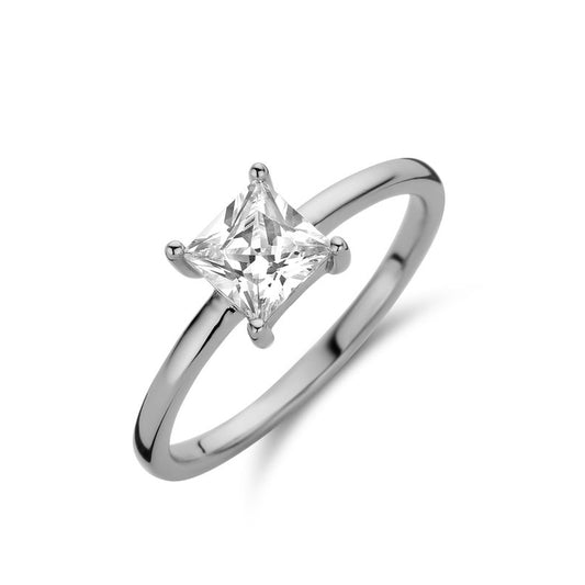 NEW BLING Mod. 9NB-0586-60 diamond ring with a sleek silver band, featuring a radiant cut diamond in a classic four-prong setting.