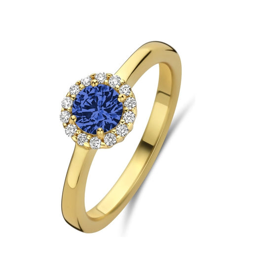 Gold ring with blue gemstone and diamond accents, NEW BLING Mod. 9NB-1540-52.