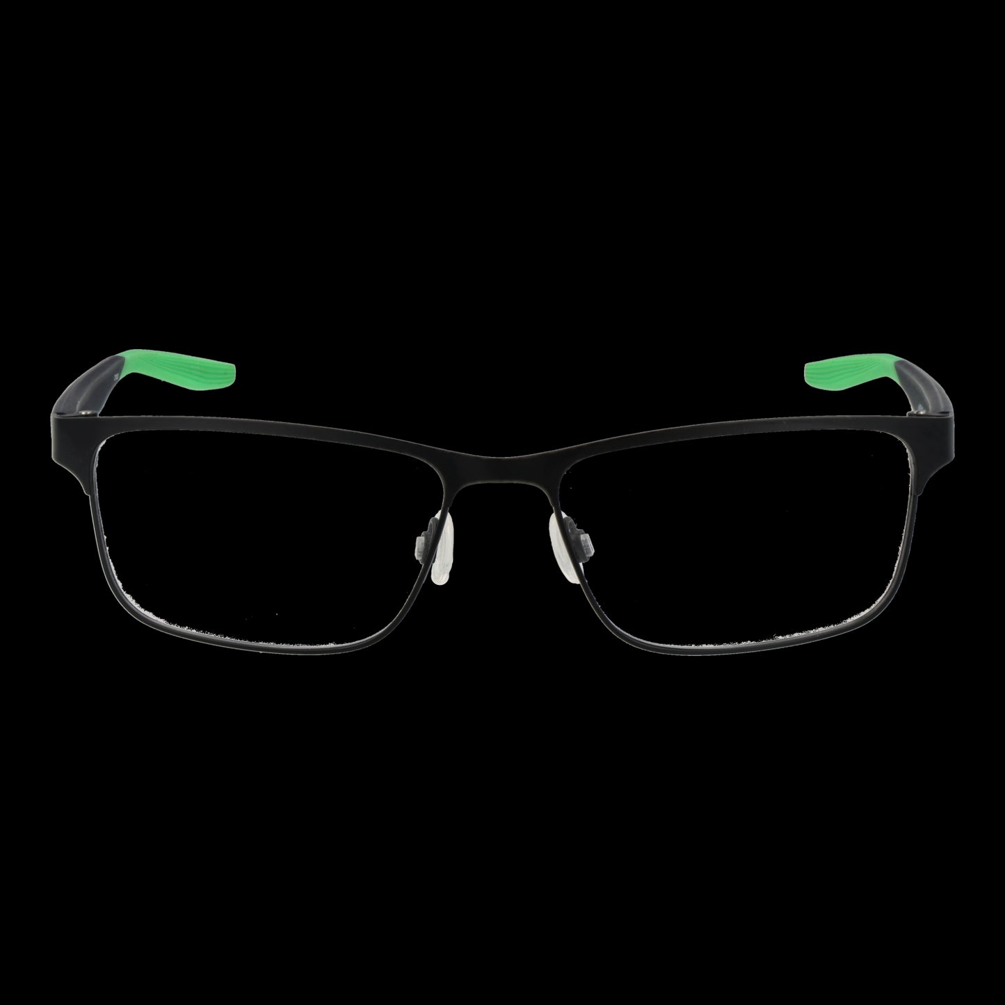 NIKE MOD. NIKE 8130 56005 gent eyewear with black frame and green temple tips on black background.