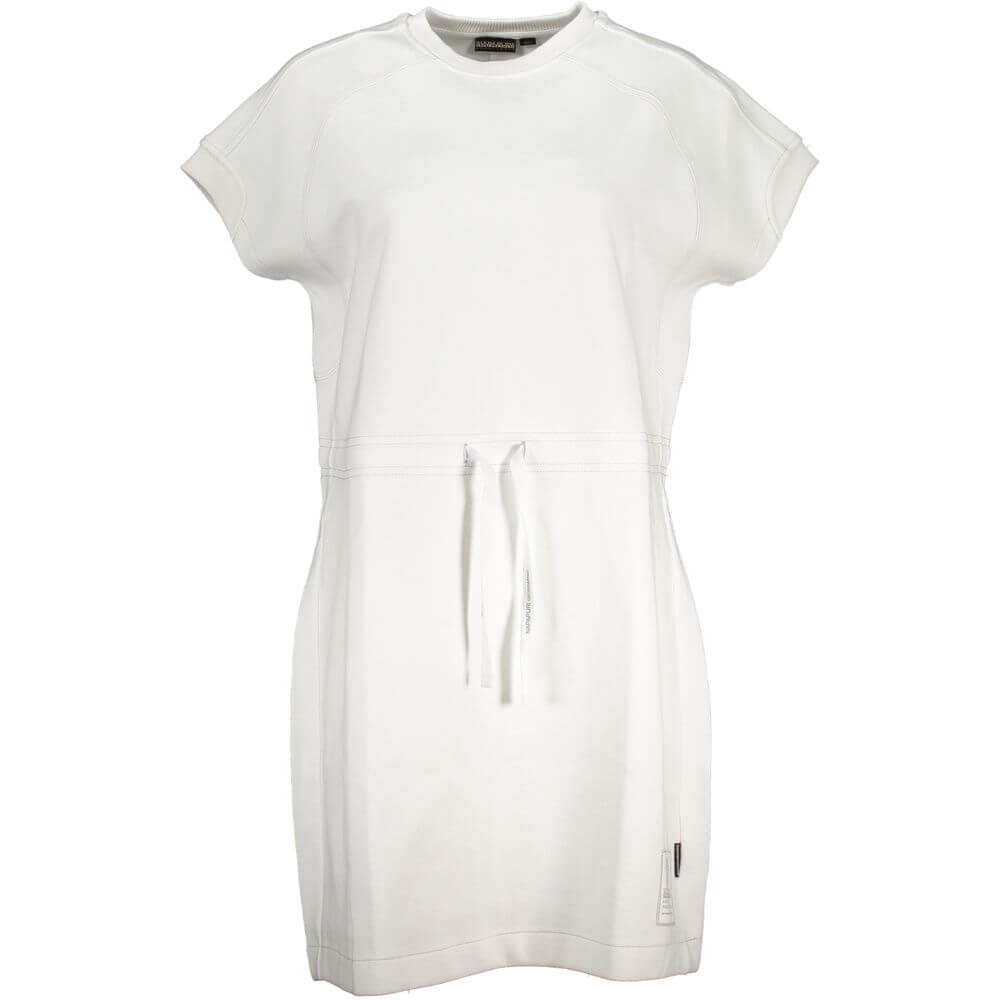 Napapijri White Cotton Dress with short sleeves and crew neck, featuring logo application, perfect for sports and casual wear.