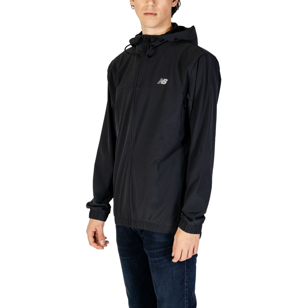 New Balance Black Recycled Polyester Shell Jacket with adjustable hood and full zip closure, perfect for outdoor activities.