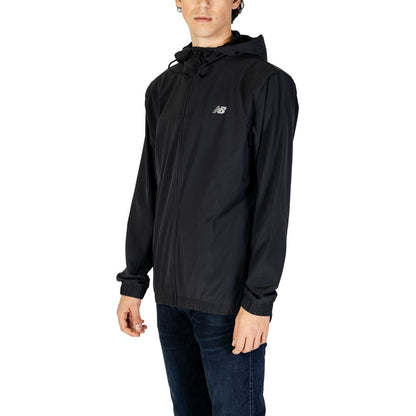 New Balance Black Recycled Polyester Shell Jacket with adjustable hood and full zip closure, perfect for outdoor activities.