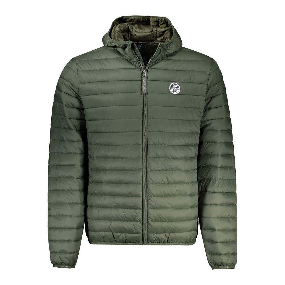 North Sails Green Polyamide Men Jacket featuring hood and logo, lightweight insulation, zip front, and four pockets for functionality and style.
