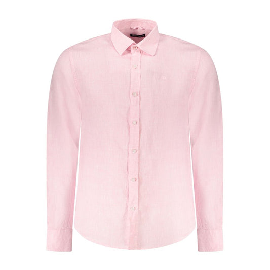 North Sails Pink Linen Shirt with long sleeves, Italian collar, 1-button cuffs, and ocean positive features, showcasing logo embroidery.
