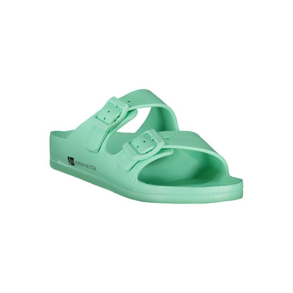 Norway 1963 Green Plastic Women Sandal featuring dual buckles and signature print, stylish and comfortable footwear for trendsetters.