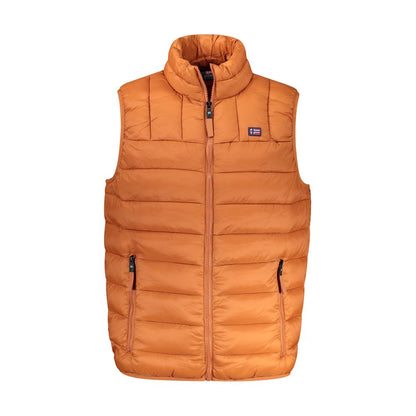 Norway 1963 Orange Polyamide Men Jacket with pockets, sleeveless design, and vibrant hue, perfect blend of fashion and functionality.