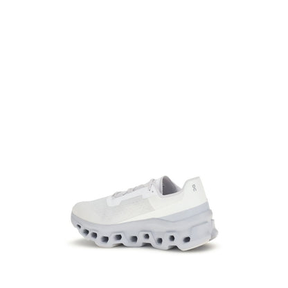 ON White Polyester Athletic Sneakers with reinforced sole and perforated texture for cushioned support, featuring brand logo on side.