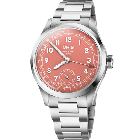 Silver stainless steel watch with a coral pink dial, ORIS MOD. 403779940680782006.