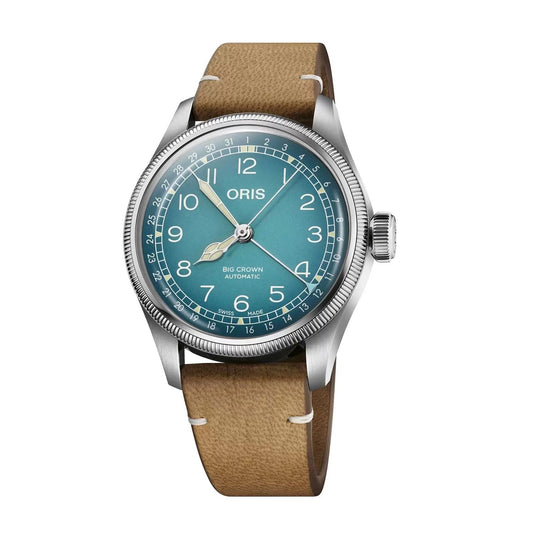 ORIS MOD. 75477794065SET gent wristwatch with a stainless steel case, leather strap, and blue dial, made in Switzerland.