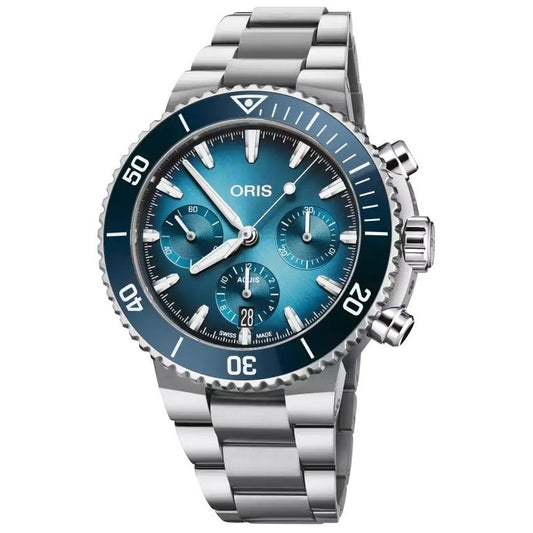 ORIS MOD. 771779341550782301PE luxury wristwatch with blue dial and stainless steel bracelet