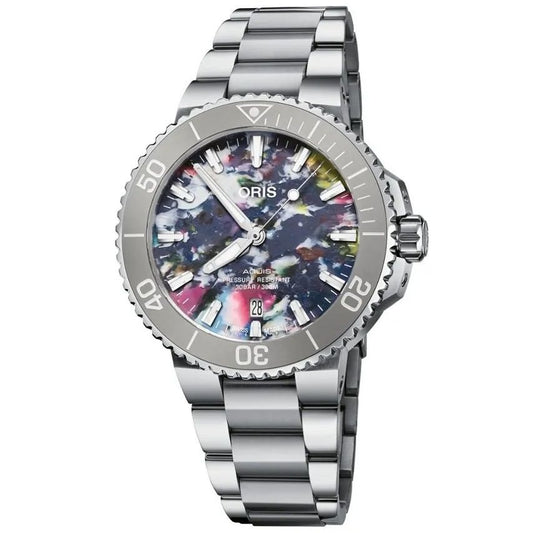 ORIS MOD. AQUIS DATE UPCYCLE stainless steel wristwatch with multicolor dial and sapphire crystal, water resistant to 30 ATM, Swiss made.