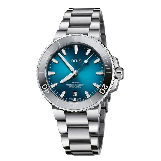 ORIS MOD. AQUIS DATE. stainless steel wristwatch with blue dial and sapphire crystal, 39.5mm case, mechanical automatic movement.