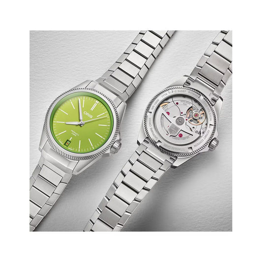 ORIS Mod. ProPilot X Kermit Edition - The Muppets serie wristwatch with titanium strap and sapphire dial, showing front and back view.