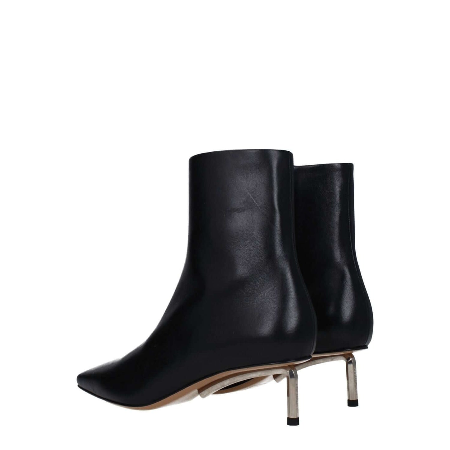 Off-White Black Leather Ankle Boots with mid heels and square toe, side view showing zip closure and leather sole, MPN OWID034LEA0021072.