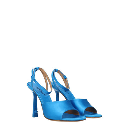 Off-White Blue Satin Stiletto Heel Sandals with open toe design, high heel, buckle closure, and leather sole.
