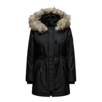 Only Black Polyester Parka with hood and synthetic fur lining for winter warmth and style.