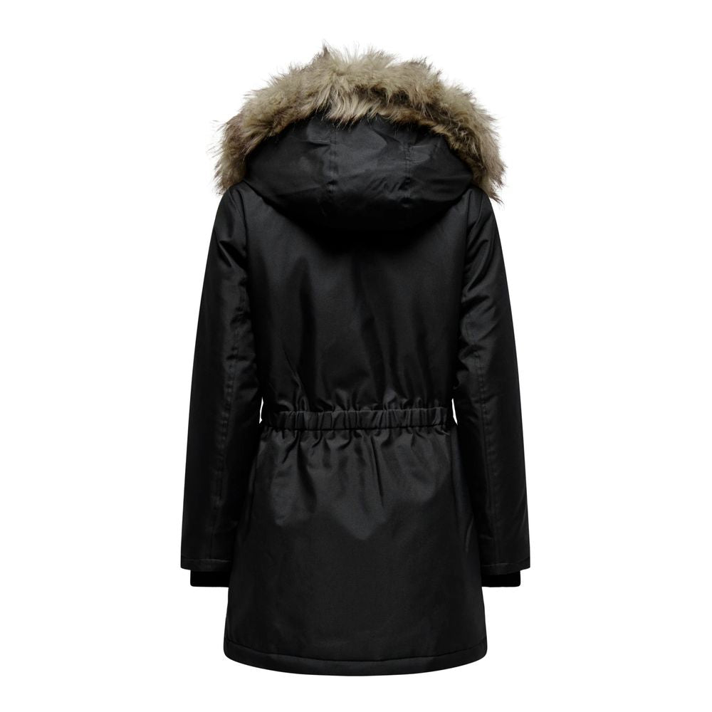 Back view of Only Black Polyester Parka with synthetic fur-lined hood, ideal for winter warmth and style.