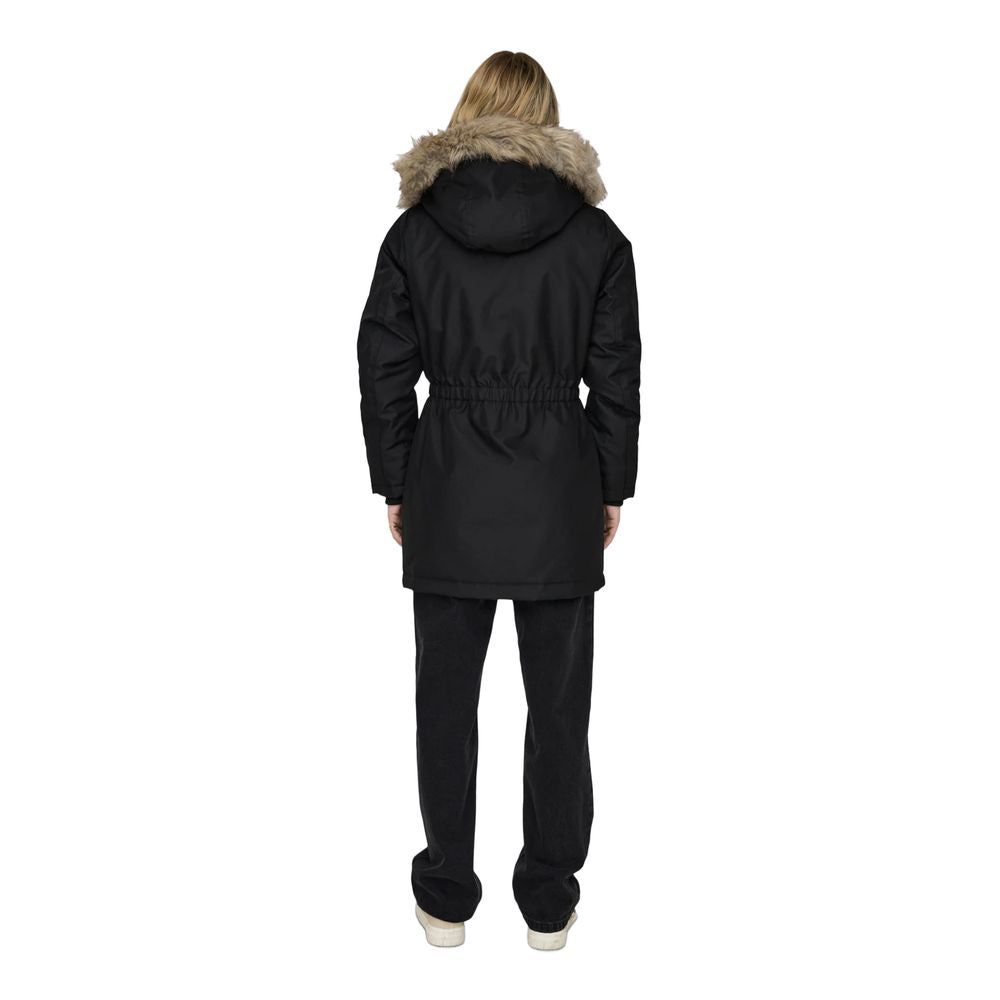 Back view of Only Black Polyester Parka with faux fur hood, perfect for winter protection and style, made from 100% polyester.