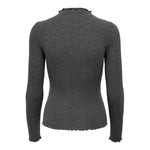 Back view of gray polyester turtleneck with long sleeves and high neck, showcasing ribbed texture and scalloped edges for a stylish look.