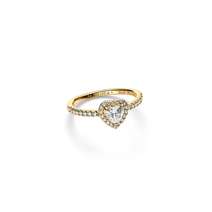 Alt Tag: PANDORA JEWELRY Mod. 168421C01-54 heart-shaped gold ring with sparkling gemstones.