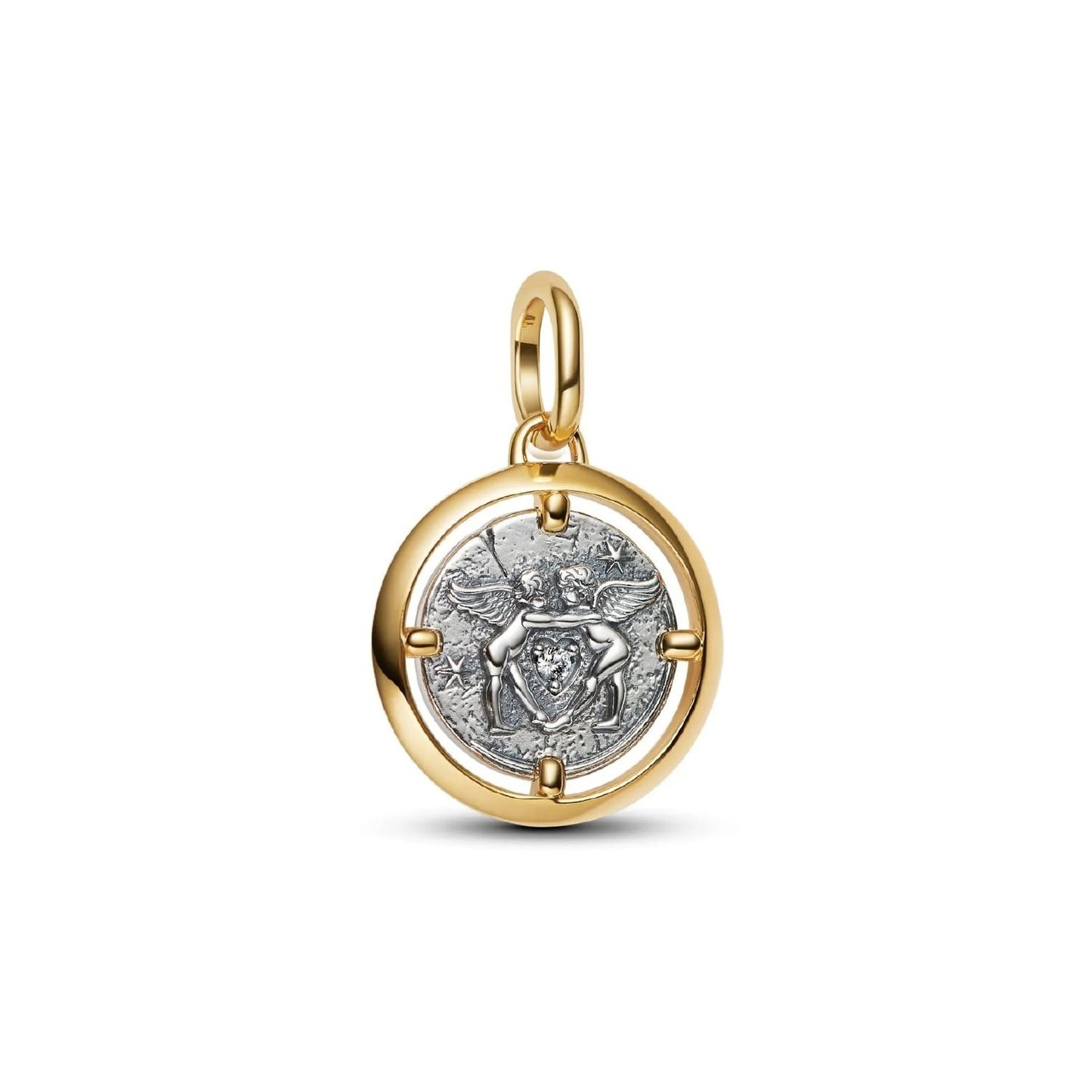 PANDORA JEWELRY Mod. 764088C01 elegant gold and silver circular pendant with intricate detailing.