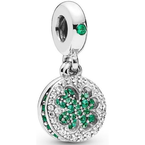 Beautiful silver charm from PANDORA JEWELRY Mod. 797906NRGMX for ladies, featuring a clover design with green stones, made in Thailand.