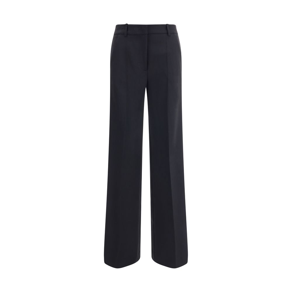 P.A.R.O.S.H. Black Fleece Wool Casual Pants with silk sideband, front zipper, and wide leg, ideal for elegant and sophisticated looks.