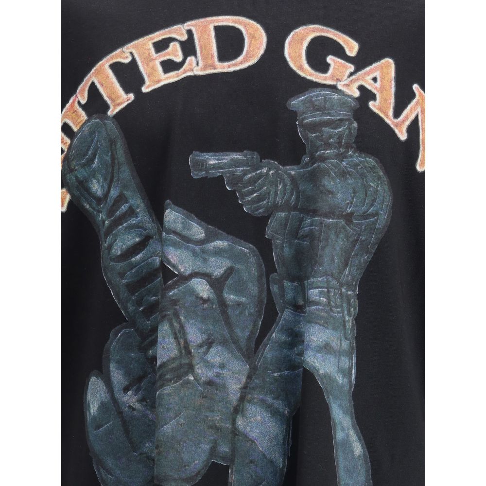 Close-up of PDF Channel Black Cotton T-Shirt with embossed screen print of a figure and bold text, showcasing modern graphic detail.