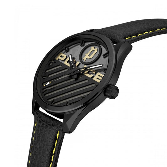 POLICE Mod. GRILLE wristwatch with black leather strap, 48mm SS IP Black case, quartz movement, and mineral dial, 3 ATM water resistance.
